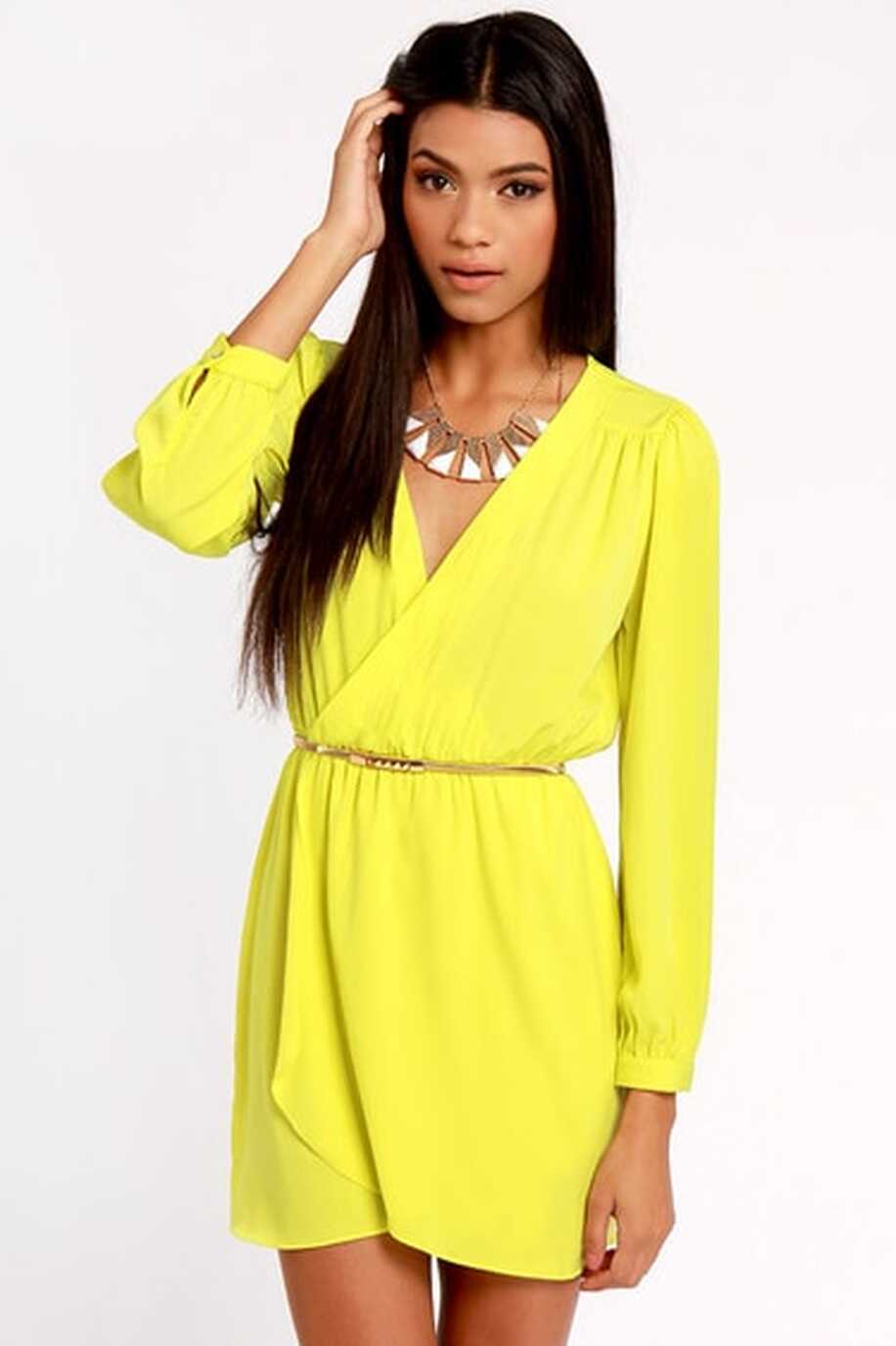 Cute Neon Yellow Dress - Wrap Dress - Long Sleeve Dress - $49.00 ...