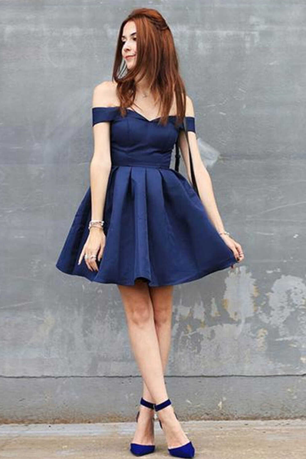 Cute Off Shoulder Dark Blue Short Prom Homecoming Dresses, Off the ...