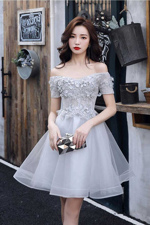 Cute Off Shoulder Gray Lace Short Prom Dresses, Short Gray ...