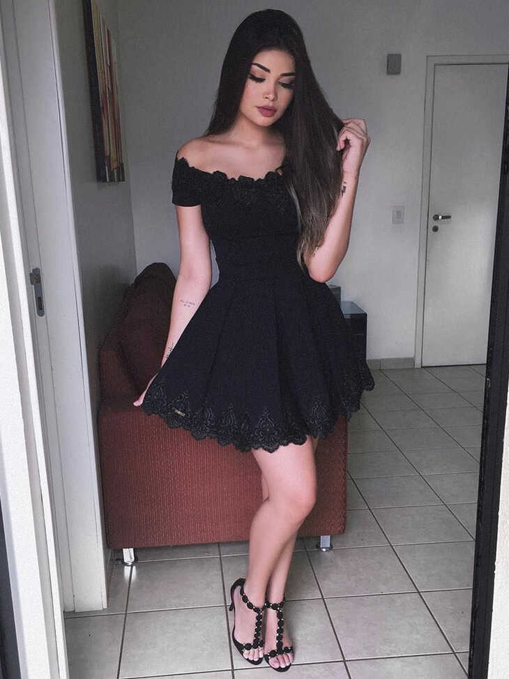 Cute Off Shoulder Lace Black Short Prom Dresses Homecoming Dresses ...