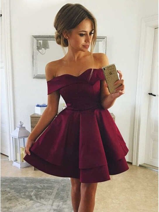 Cute Off Shoulder Layered Burgundy Short Prom Dresses, Layered ...