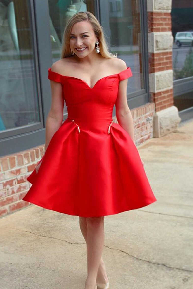 Cute Off Shoulder Red Satin Short Prom Dresses, Off the Shoulder ...