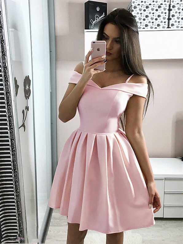 Cute Off The Shoulder Pink Homecoming Dresses Short Prom Dresses ...