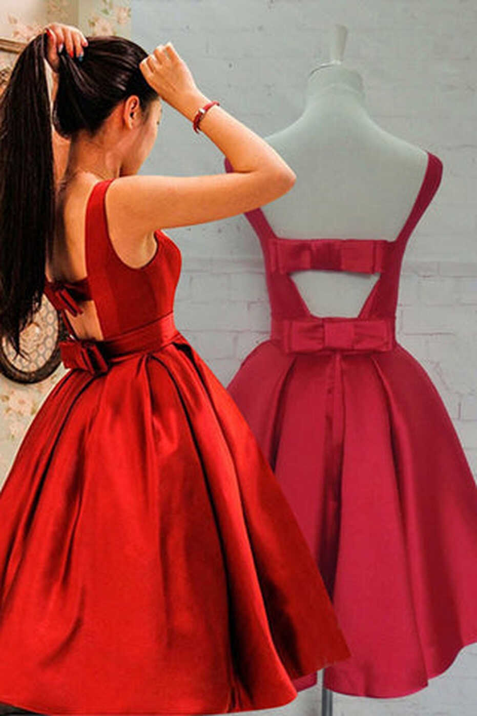 Cute Open Back Knee Length Red Prom Dress, Knee Length Red ...