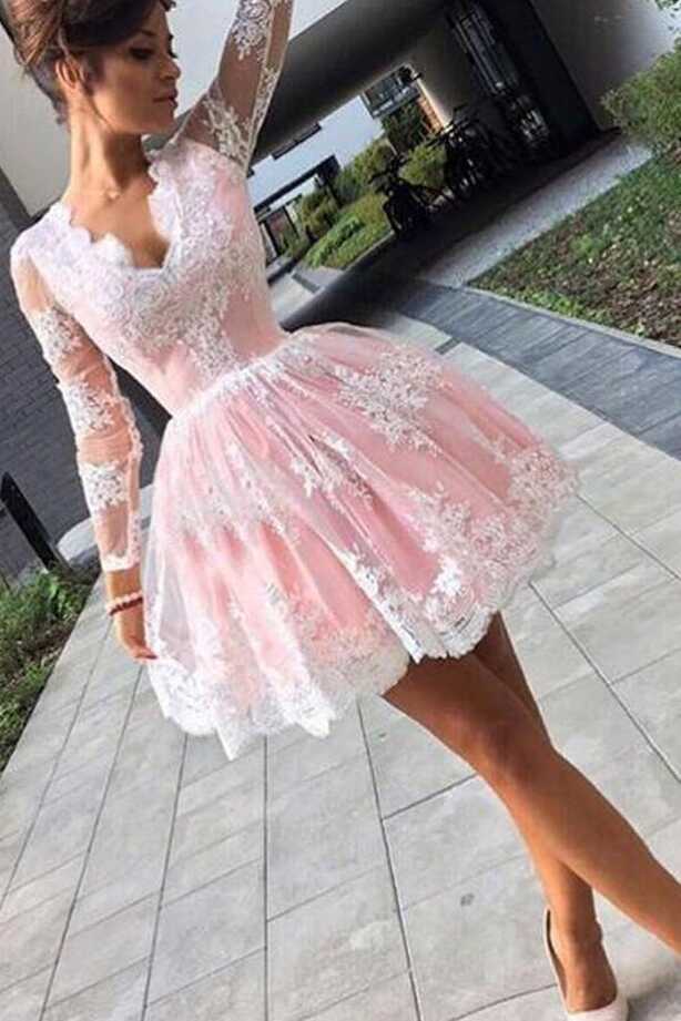 Cute Pink A-line Long Sleeves Short Prom Dress, Homecoming Dresses ...