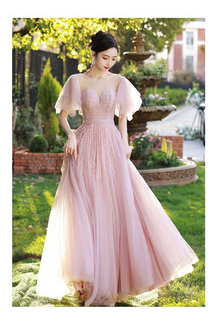 Cute Pink Sequined Tulle Long Prom Dress - $187.992 #MS18098 ...