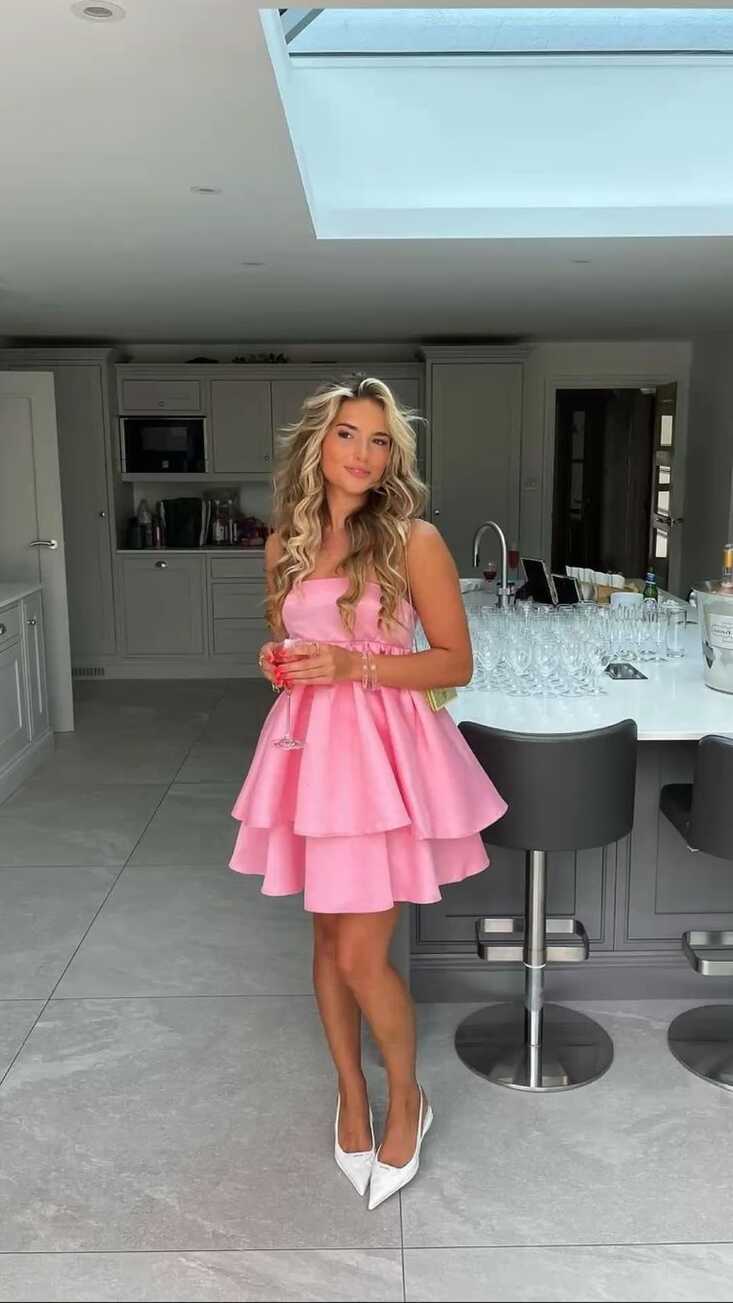 Cute Pink Strapless Short Homecoming Dress,Pink Layered Dress ...