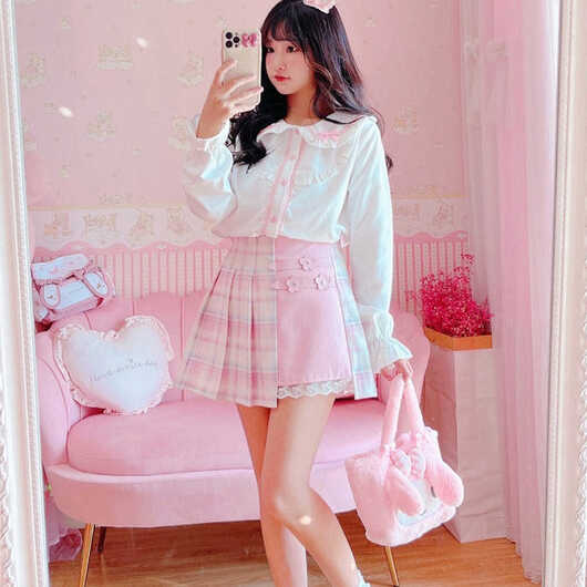 Cute Pleated Pink White Checked Women High-Waist Short Skirt with ...