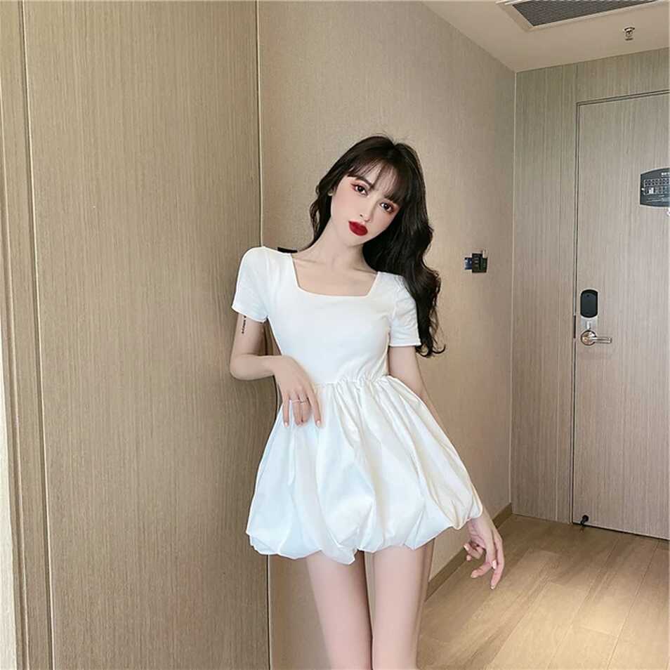 Cute Puffy Super Mini Dress Summer Sweet Square Collar High Waist ...