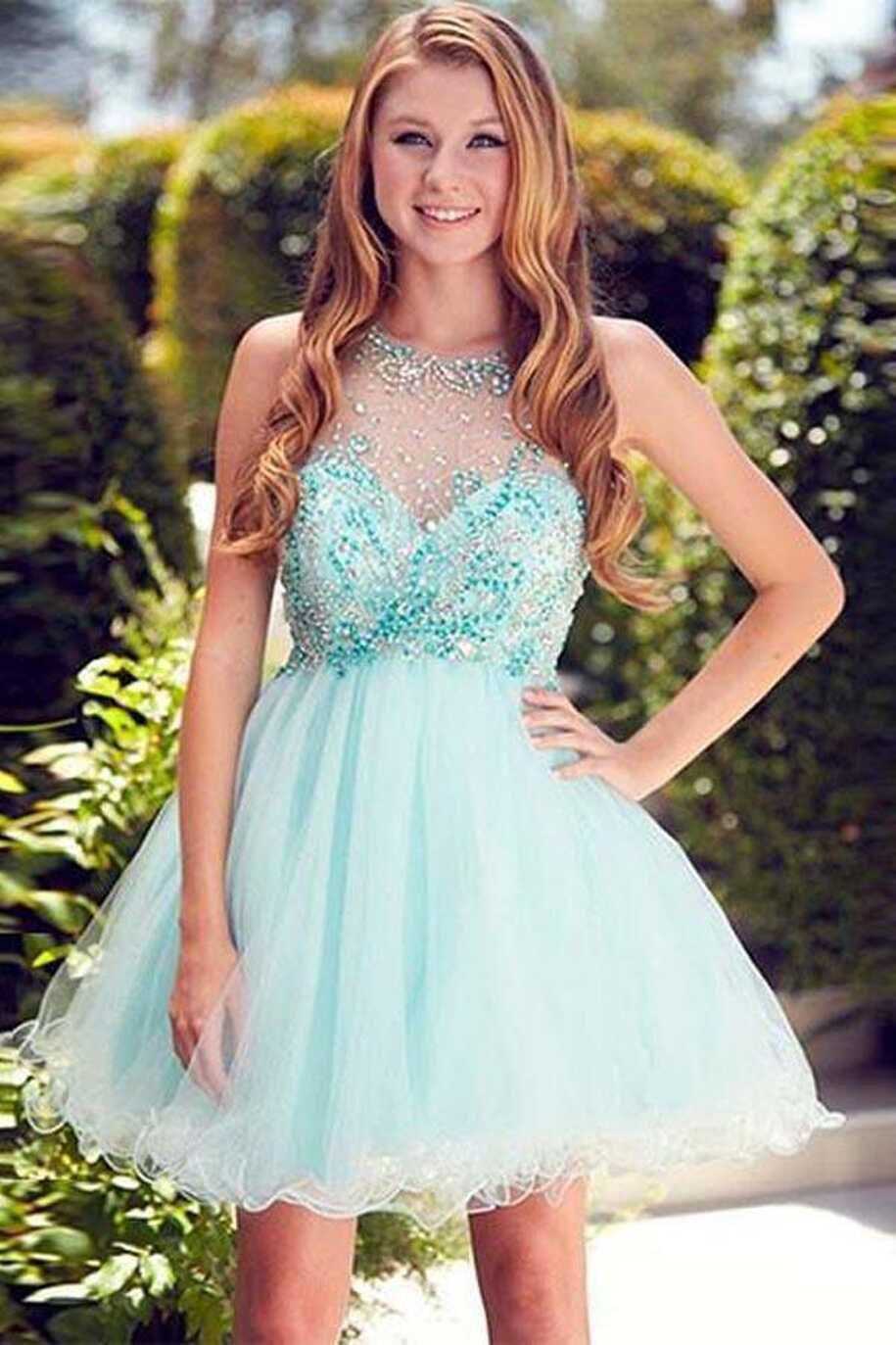 Cute Round neck Tulle Beads Sequin Short Prom Dress Homecoming ...