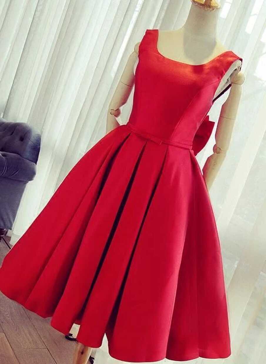 Cute Satin Bow Back Party Dresses, Red Short Homecoming Dresses