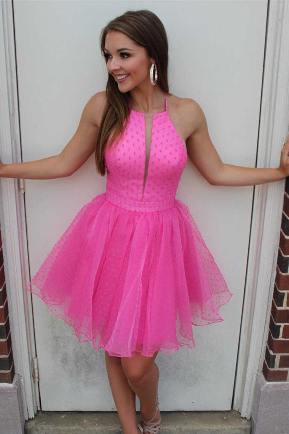 Cute Short Hot Pink Halter Homecoming Dress – FancyVestido