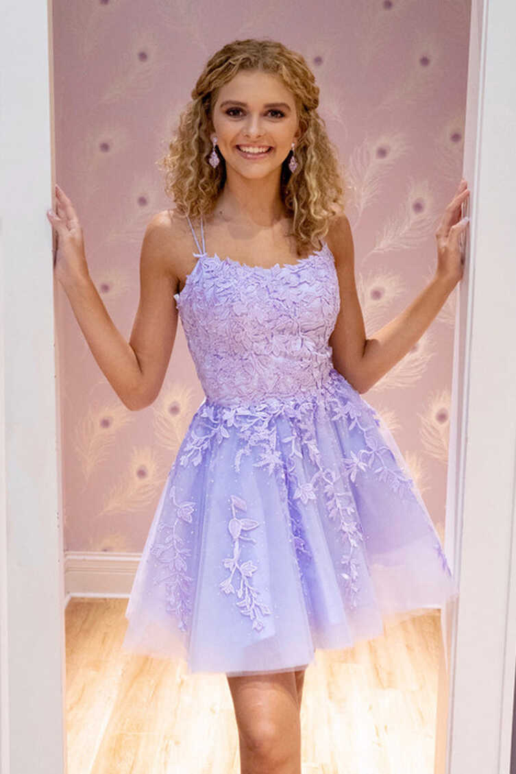 Cute Short Purple Lace Prom Dress, Purple Lace Formal Graduation ...