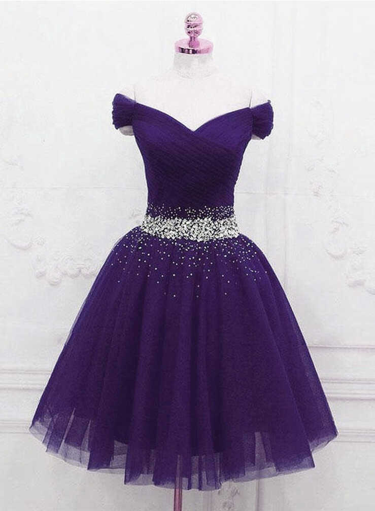 Cute Short Sweetheart Dark Purple Homecoming Dress, Tulle Beaded ...