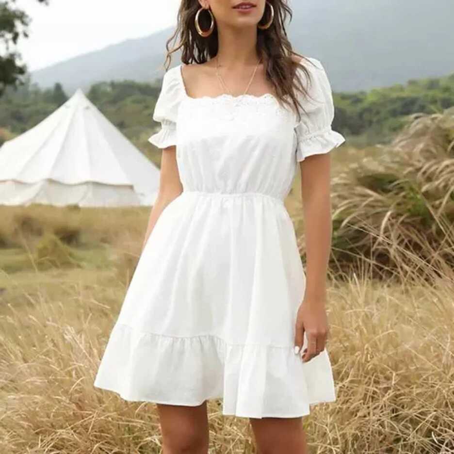 Cute Square Collar Puff Sleeve White Cotton Dress for Women ...