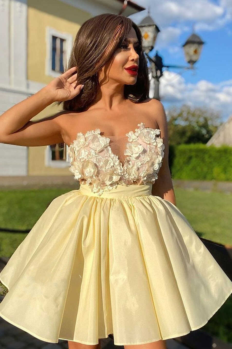 Cute Strapless Yellow Short Homecoming Dress with Flowers ...