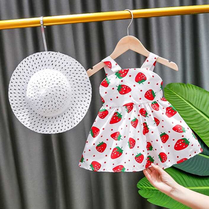 Cute Strawberry Print Summer Baby Girl Dress With Hat 2pcs Baby ...