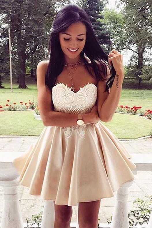 Cute Sweetheart Lace Applique Short Prom Dress Homecoming Dress ...