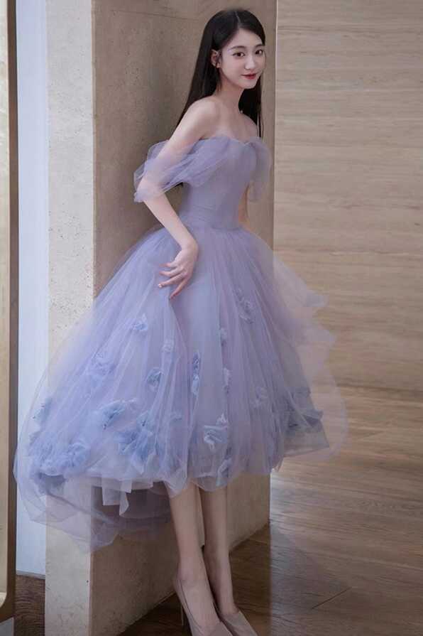 Cute Tulle Short A-Line Prom Dress, Purple Off the Shoulder Evening Dr