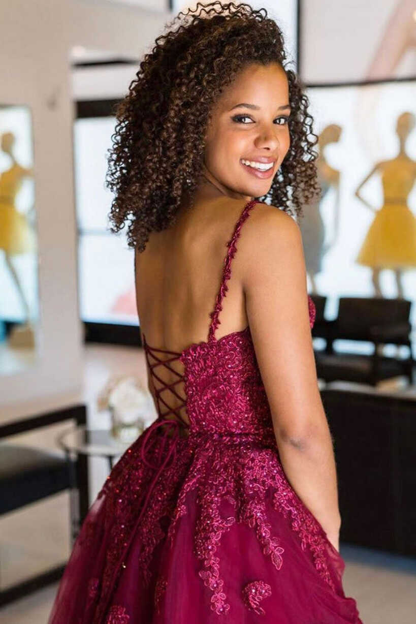 Cute V Neck Backless Burgundy Lace Short Prom Dress, Short Maroon ...