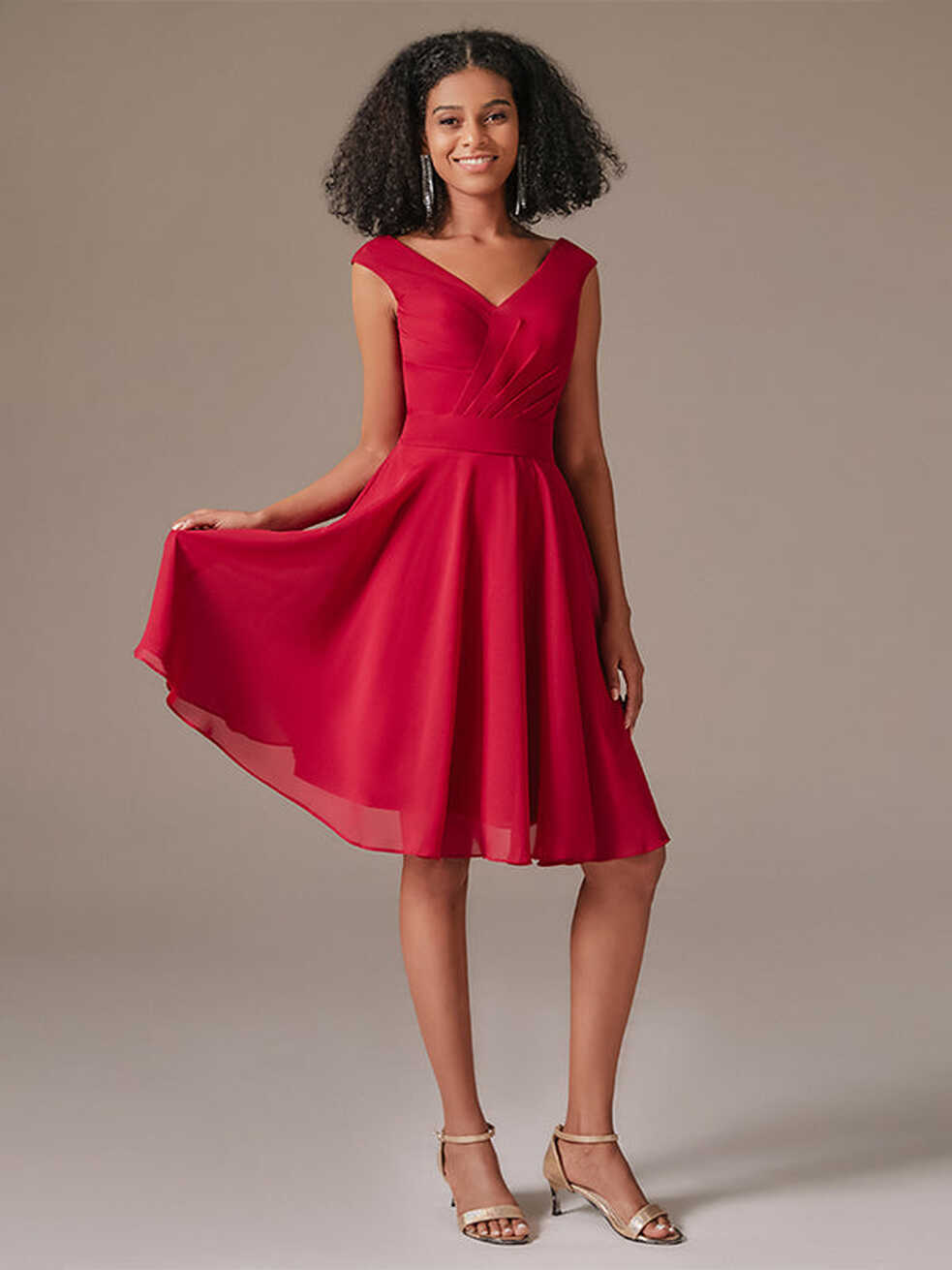 Cute V-Neck Chiffon Short Red Bridesmaid Dress - Loyeloy