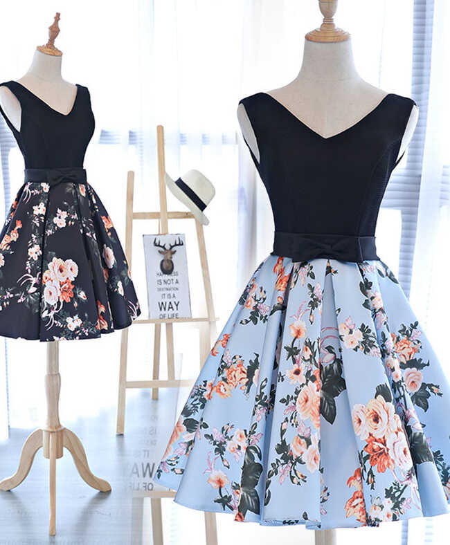 Cute V Neck Floral Pattern Short Prom Dress, Homecoming Dress ...