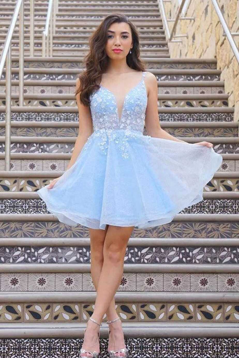 Cute V Neck Light Blue Lace Floral Short Prom Homecoming Dresses ...