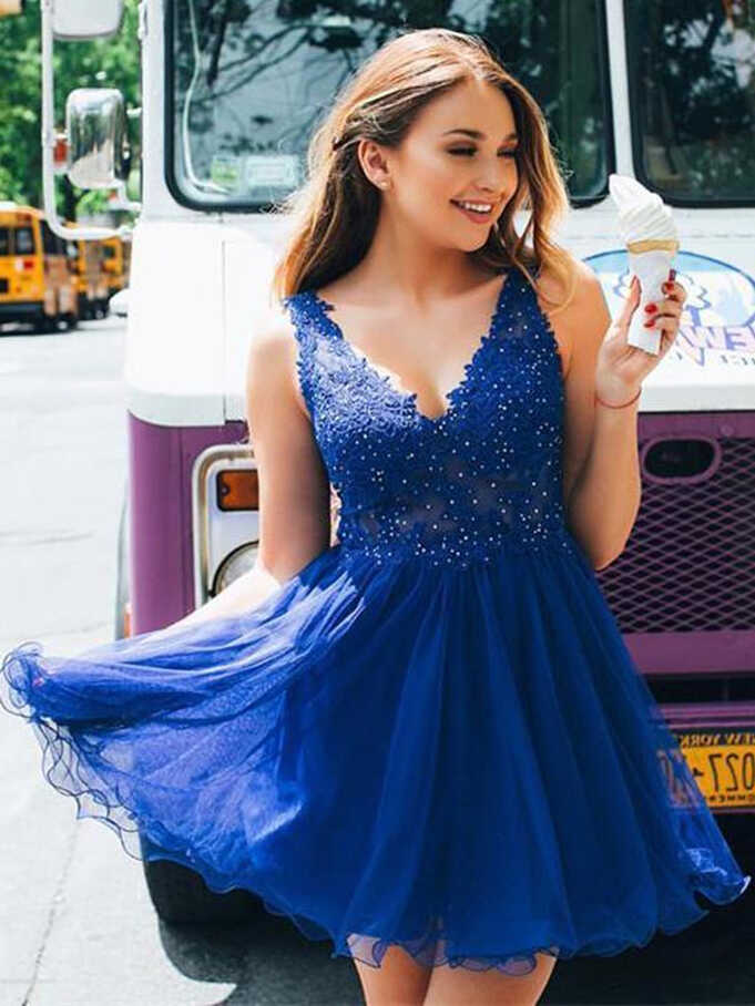 Cute V Neck Open Back Lace Beading Royal Blue Short Prom Dresses ...