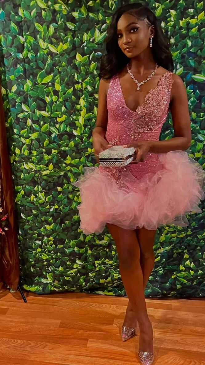 Cute V Neck Pink Short Homecoming Dress and Bottom Tulle Ruffles ...