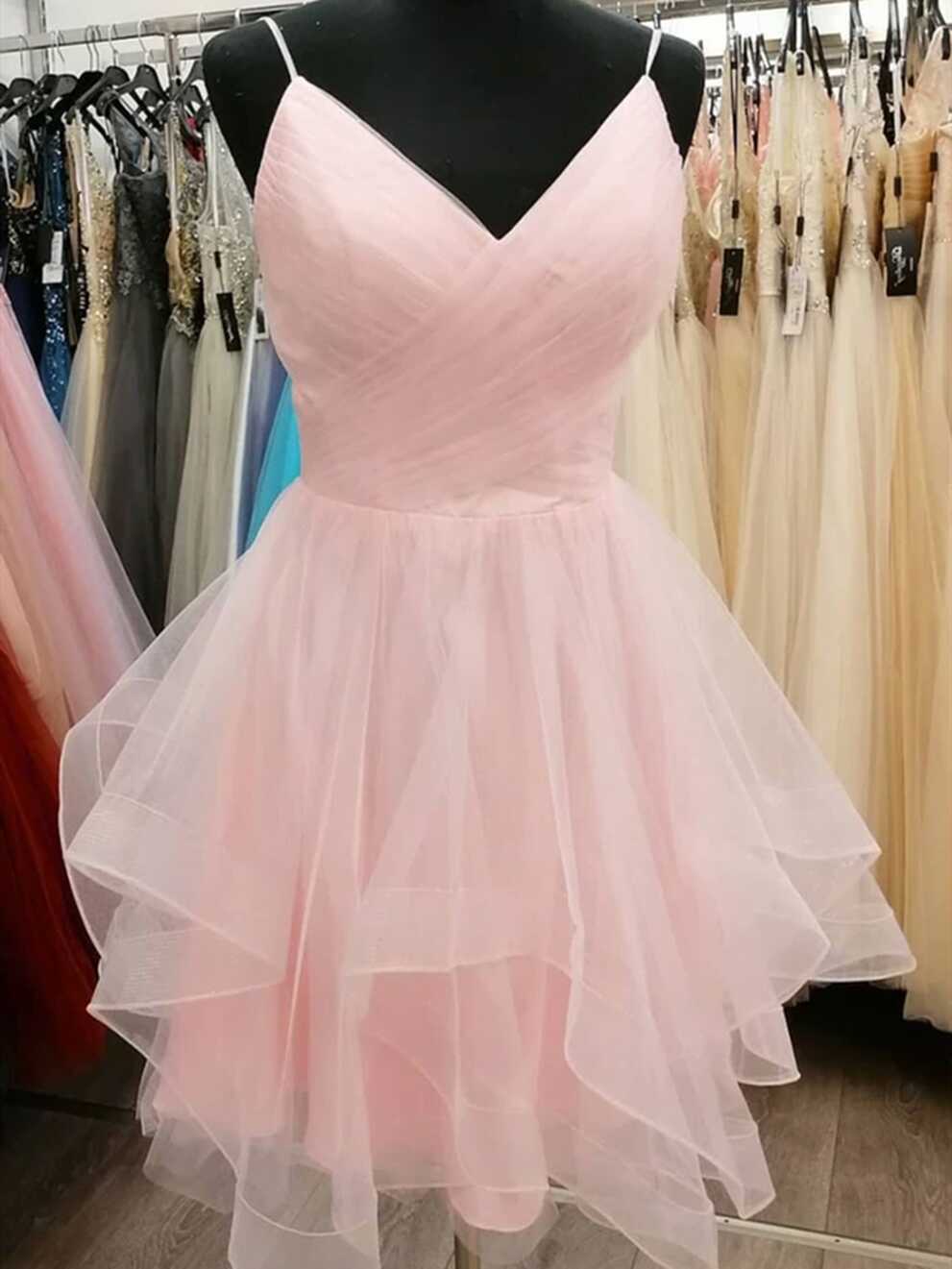 Cute V Neck Pink Tulle Short Prom Dresses, V Neck Pink Tulle ...