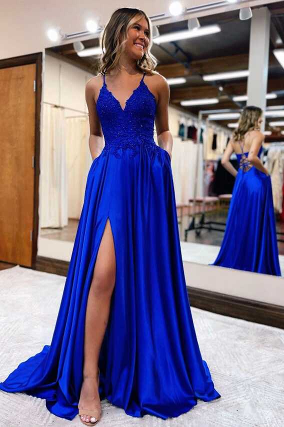 Cute V-Neck Satin Lace Long Prom Dress, A-Line Evening Dress with Slit