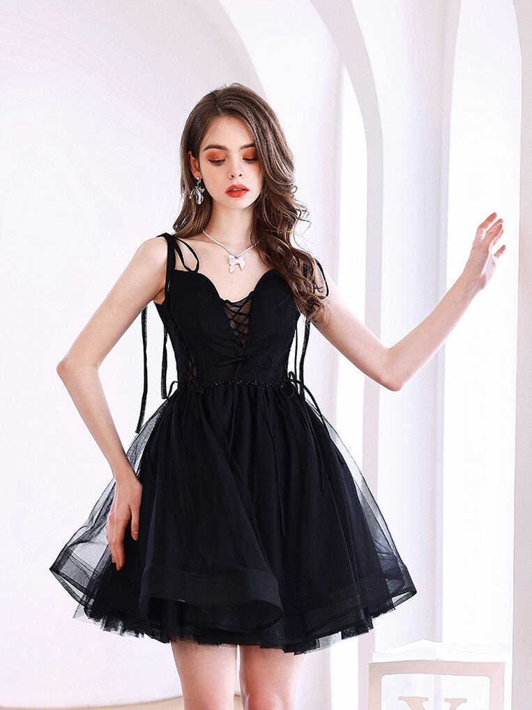 Cute V Neck Tulle Black Short Prom Dress, Black Homecoming Dresses ...