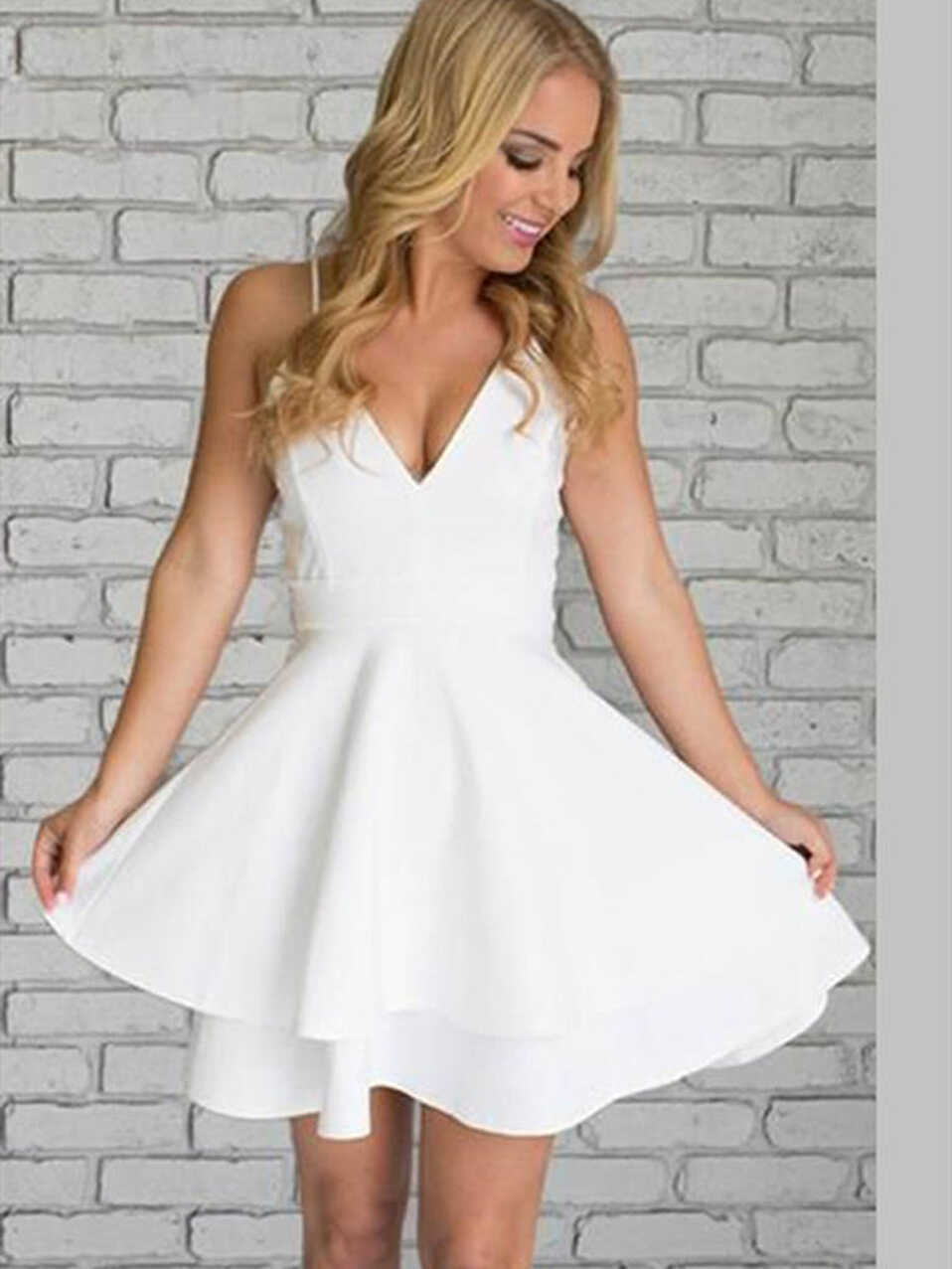 Cute V Neck White Short Prom Dresses with Lace Back, Short White ...