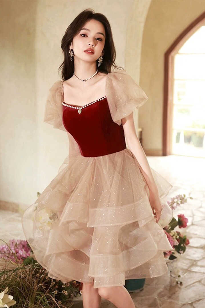 Cute Velvet Tulle Short Prom Dress, Beautiful Party Dress Homecoming D