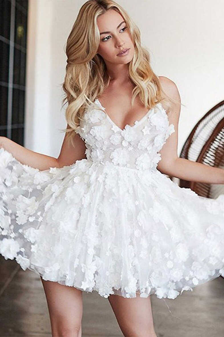 Cute White Floral V Neck Lace Short Prom Homecoming Dresses, Short ...