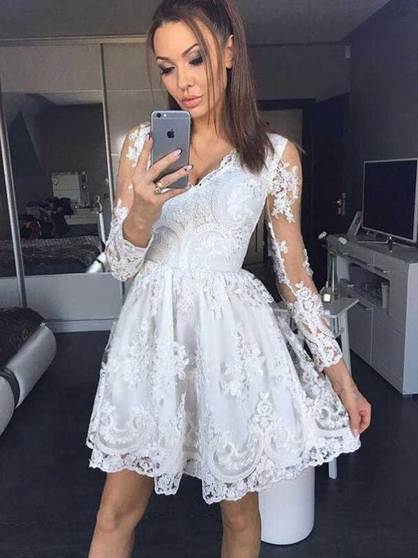 Cute White Lace Short Prom Dress with Sleeves | 8th grade formal ...