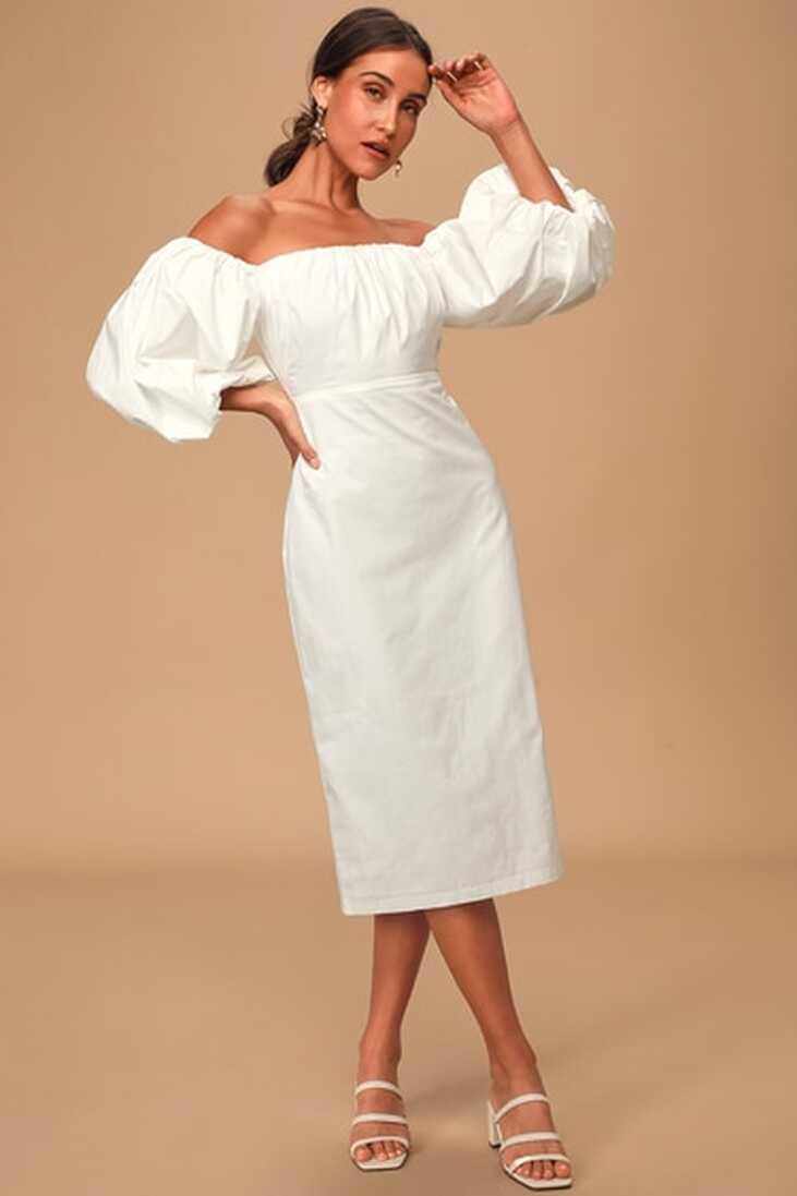 Cute White Midi Dress - Off-The-Shoulder Dress - Puff Sleeve - Lulus