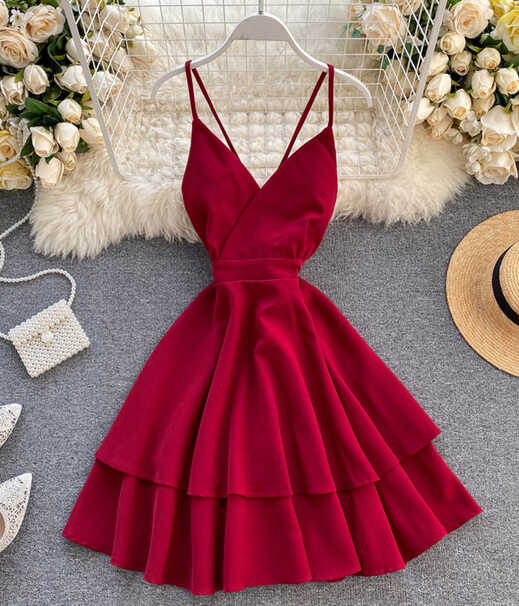 Cute Wine Red Short Low Back Women Dresses, Dark Red Summer ...