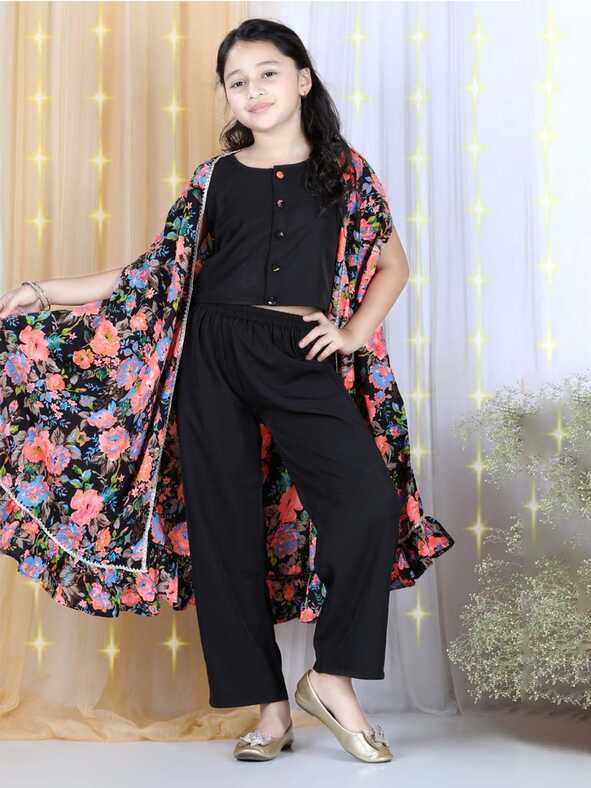 Cutiekins Floral Printed Crop Top ,Palazzo &amp; Cape Set -Black