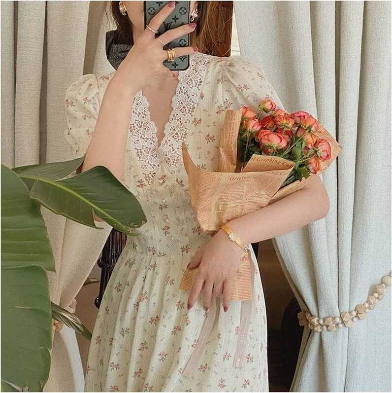 DAHDXD Vintage Floral Dress Women Elegant Lace Chiffon Korean ...