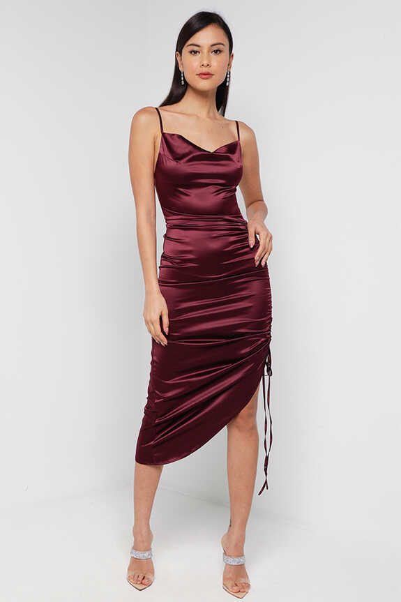 DANNA RUCHED SATIN DRESS- WINE RED