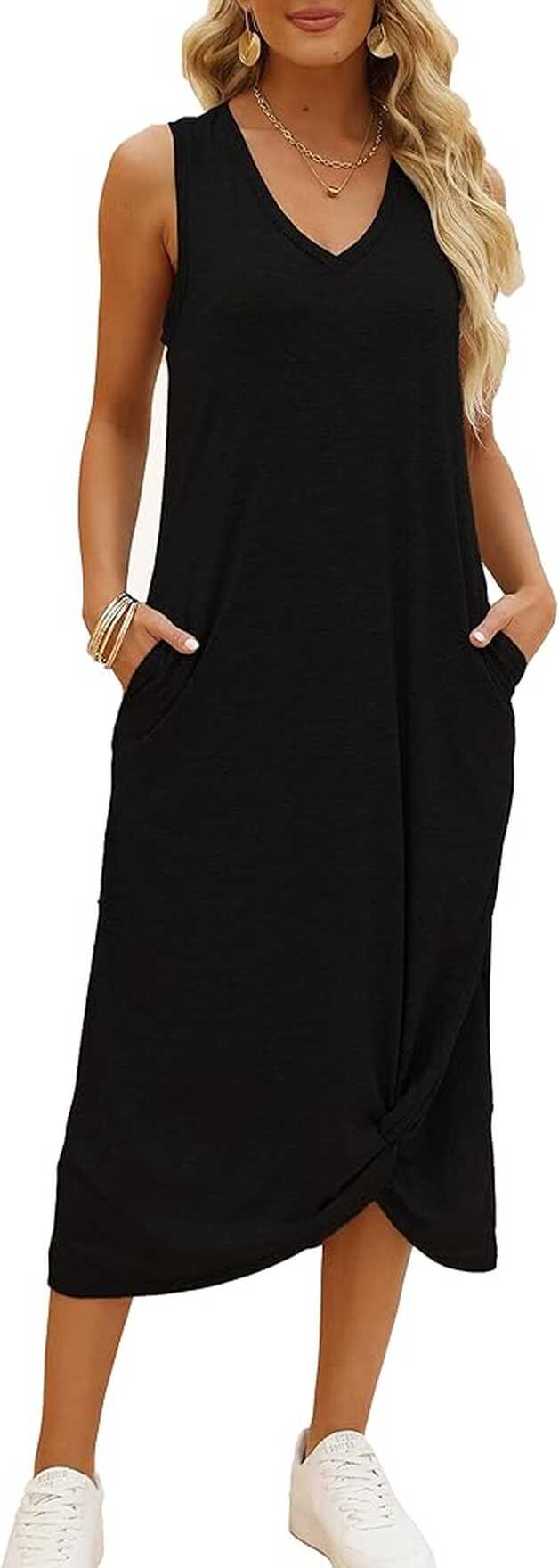 DEEP SELF Casual V-Neck All Black No Sleeve Long Dresses for Women ...