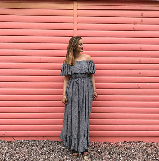 DIY Off the shoulder ruffle maxi dress with tiered gathered skirt ...