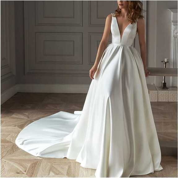 DLOETT Deep V Neck Wedding Dresses Sleeveless Pearls Backless ...