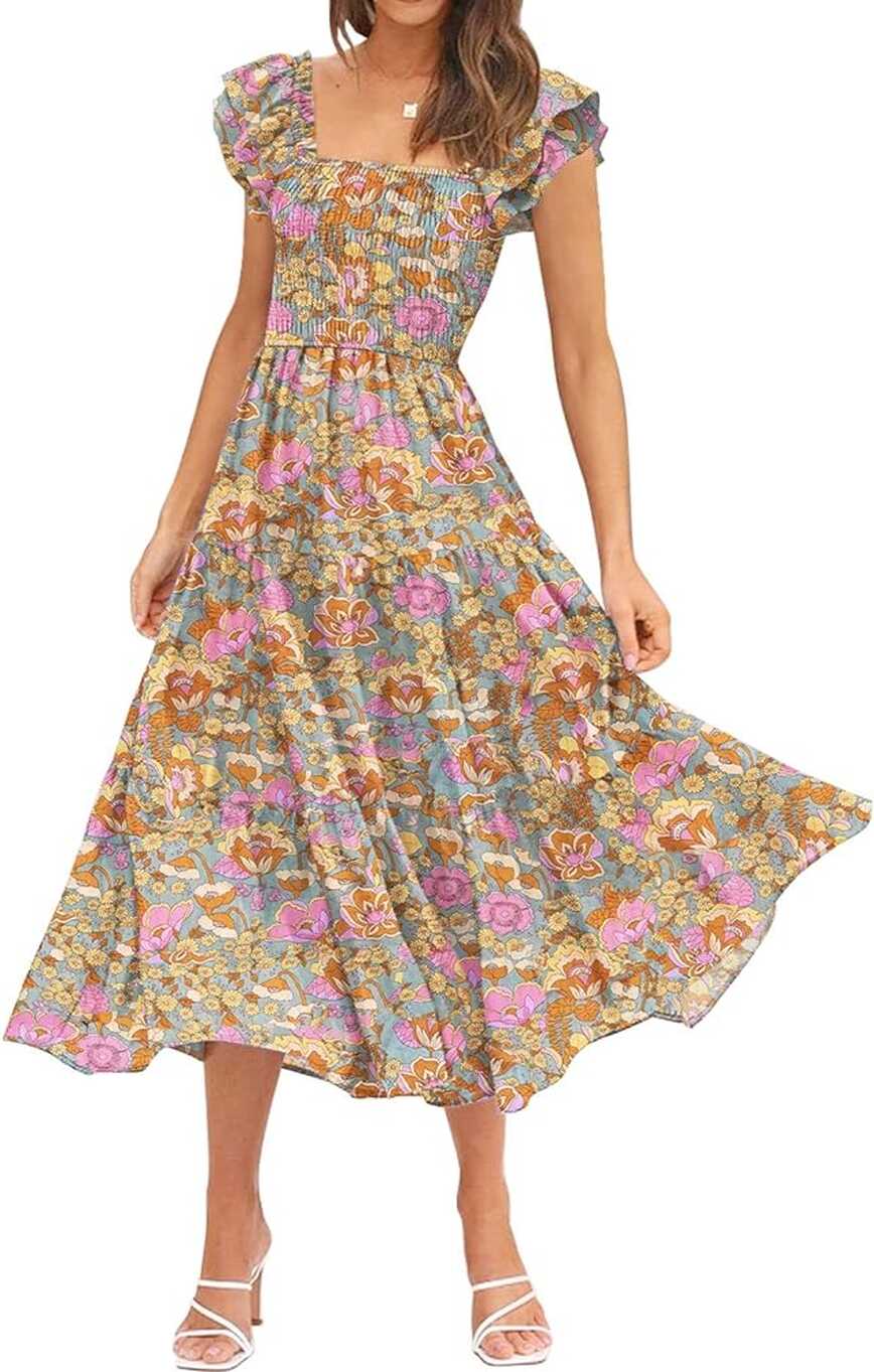 DOROSE Women&#39;s Floral Midi Dress Smocked Square Neck Wedding Guest ...