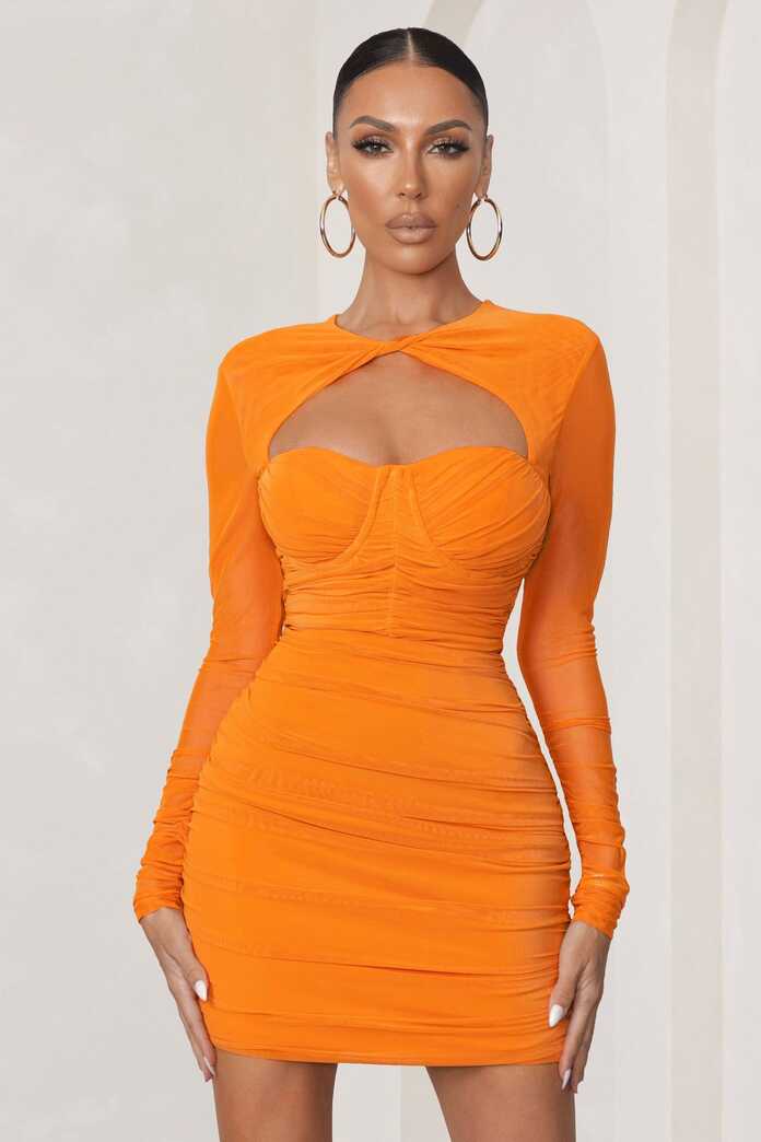 Daiquiri Orange Cut Out Ruched Mesh Mini Dress With Long Sleeves ...