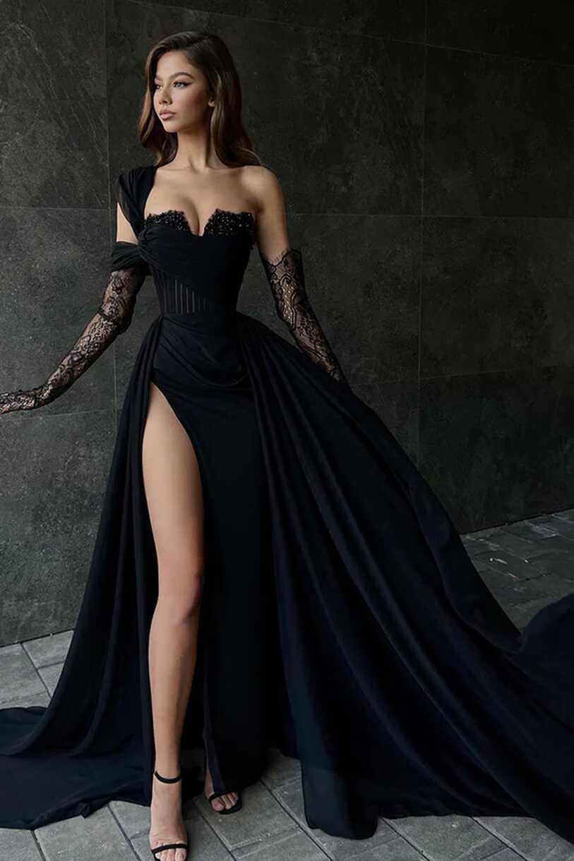 Daisda Black Stylish Strapless Slit Beaded Prom Dress With Lace ...