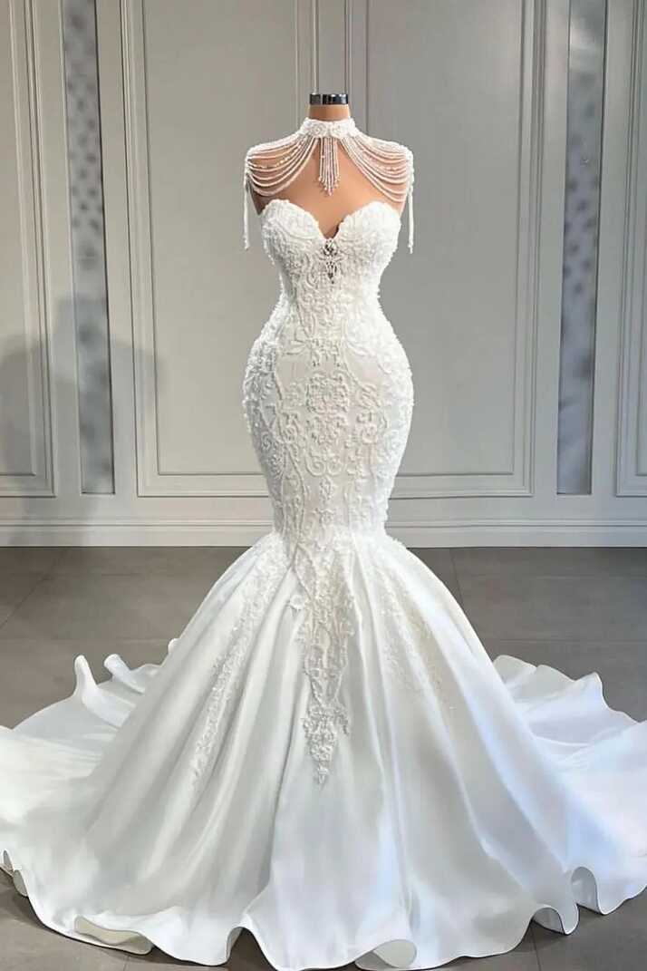 Daisda Luxury Long Mermaid Sweetheart Satin Pearl Wedding Dress ...