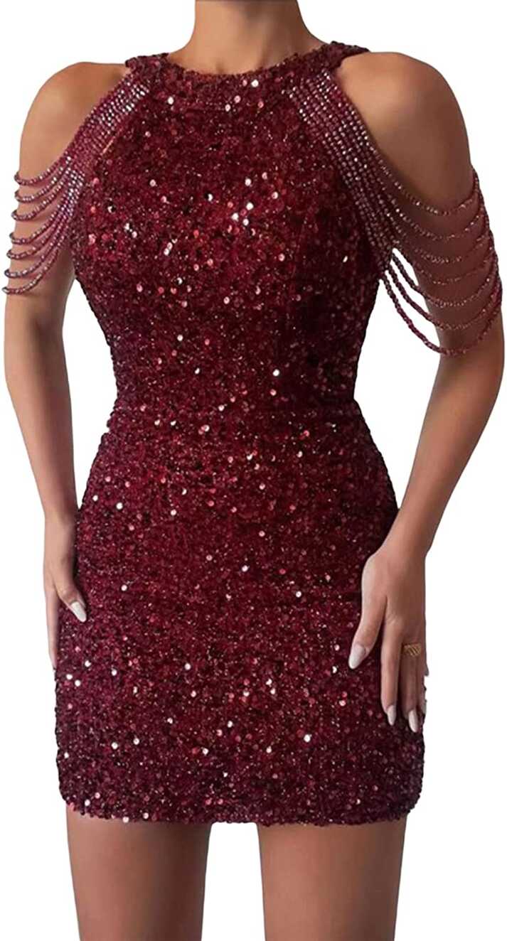 DanceeMangoo Sequin Dress Women Sparkly Glitter Cold Shoulder ...