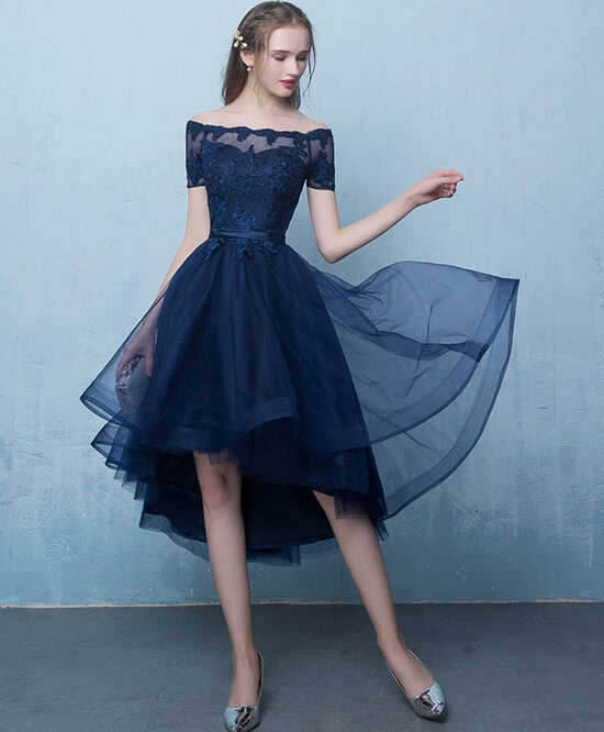 Dark Blue Lace Tulle Short Prom Dress, High Low Evening Dress ...